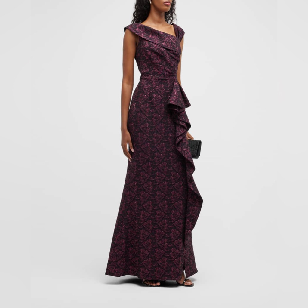 Rickie Freeman For Teri Jon Asymmetric Portrait Neck Side Ruffle Gown Sz 16 $960